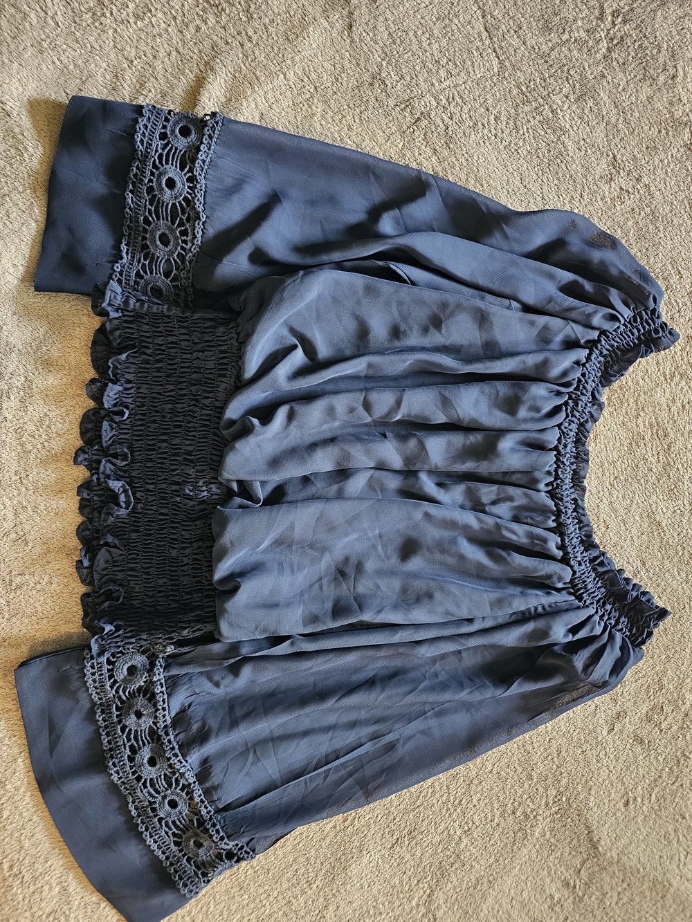 XOXO Navy Off-Shoulder Smocked Waist Top with Crochet Trim